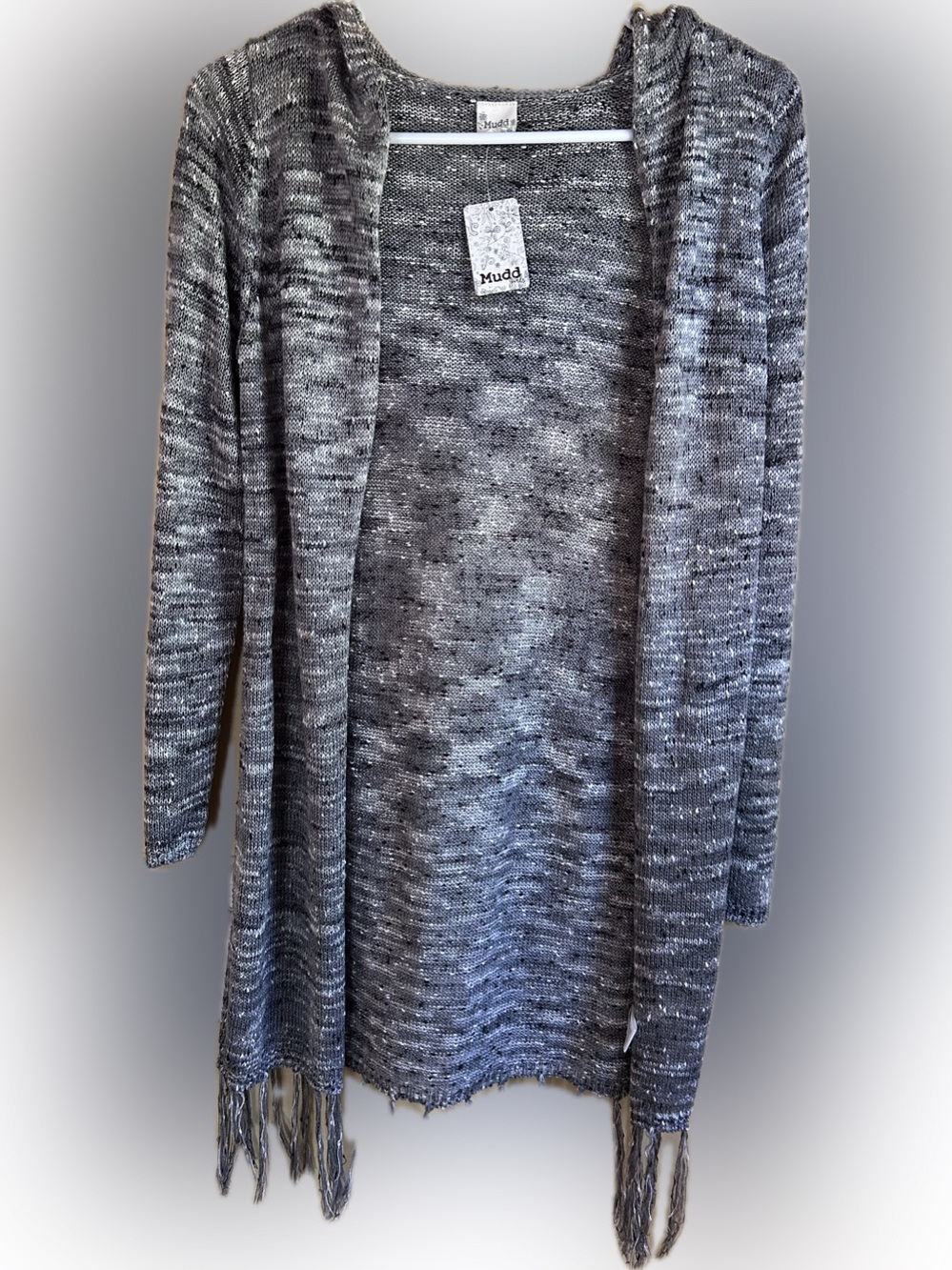 Mudd Women's Gray Open-Front Fringe Cardigan Sweater NWT